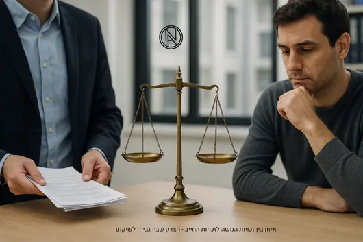 שני אנשים משני צדי מאזני צדק, אחד מחזיק מסמכים ואחר מתבונן מהורהר – סמל לאיזון בין זכות הנושה לגבות חוב לבין זכות החייב לקיום בכבוד