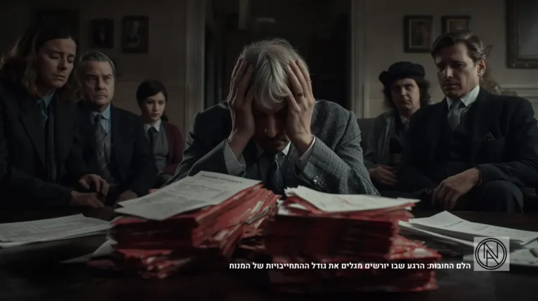 משפחה באבל יושבת סביב שולחן עמוס במכתבי התראה ודרישות תשלום אדומות; יורש תופס את ראשו בייאוש מול מסמכי הירושה והחובות שהתגלו.