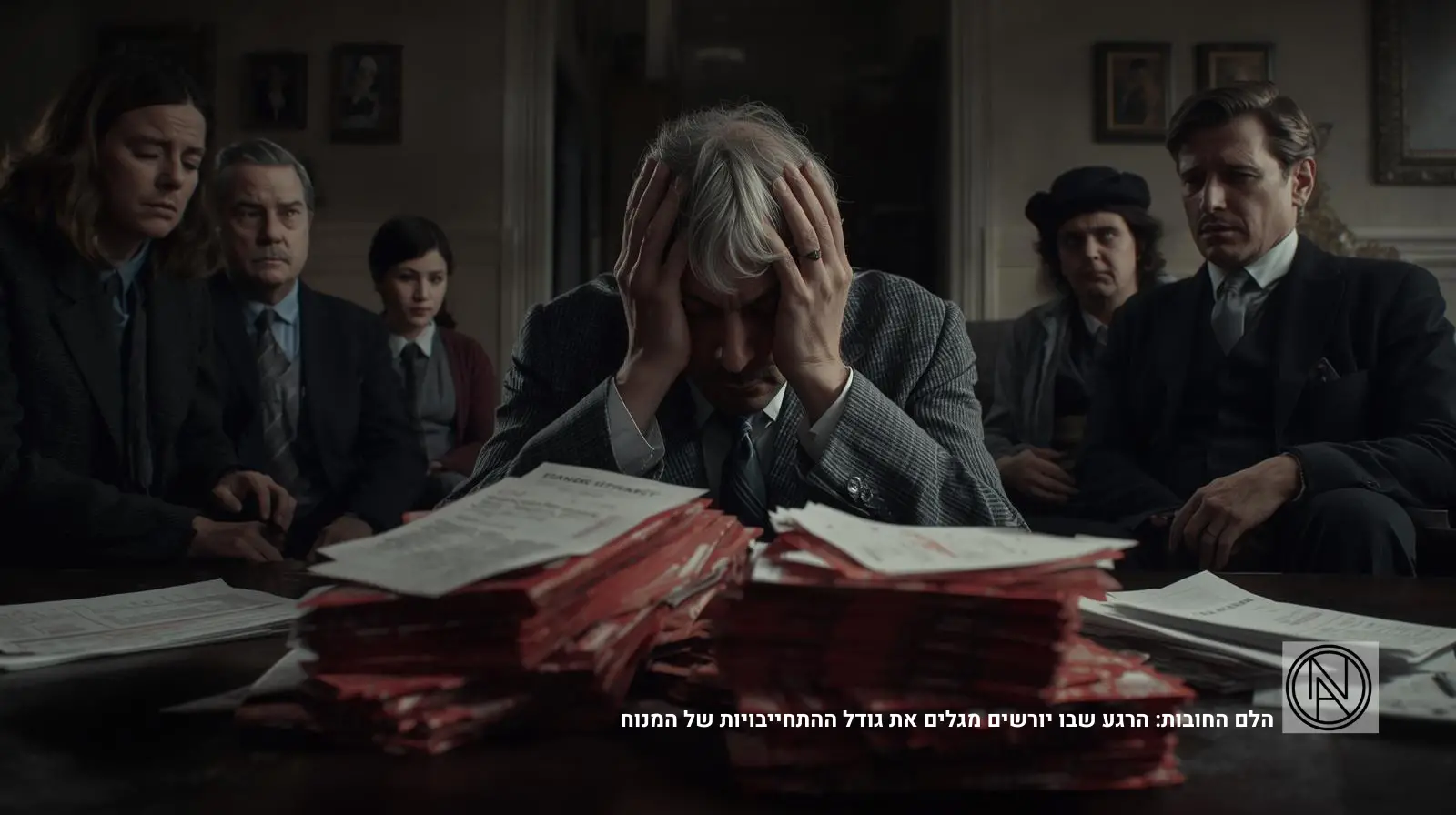 משפחה באבל יושבת סביב שולחן עמוס במכתבי התראה ודרישות תשלום אדומות; יורש תופס את ראשו בייאוש מול מסמכי הירושה והחובות שהתגלו.