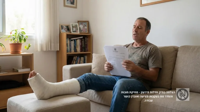 אדם עם גבס ברגל יושב בסלון ביתו ונושם לרווחה תוך כדי החזקת צו לשיקום כלכלי ומחיקת חובות