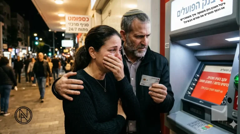 בני זוג מודאגים מול כספומט לאחר שגילו על עיקול חשבון בנק משותף בגלל חובות.