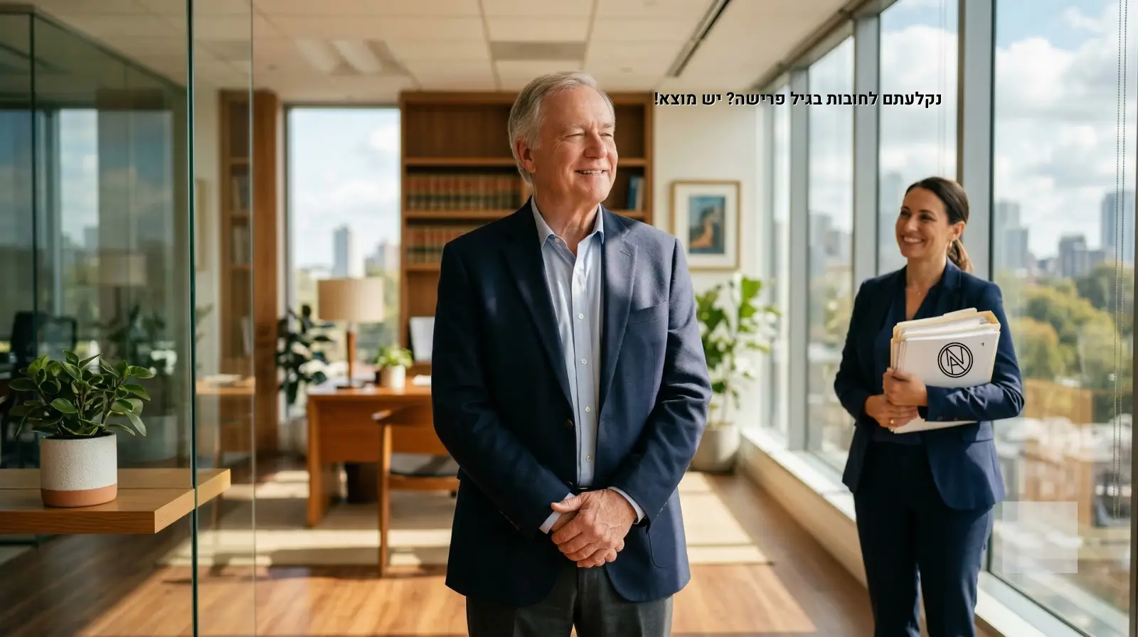 תצלום משרדי מואר: גבר מבוגר חייכן במרכז, המבטא רווחה והקלה לאחר פתרון סוגיית חובות בגיל פרישה, כשידיו משולבות בחיוך. מאחוריו עומדת עורכת דין צעירה המחזיקה תיקיות מסמכים (הסכמים) במשרד מודרני עם נוף עירוני ופארק.