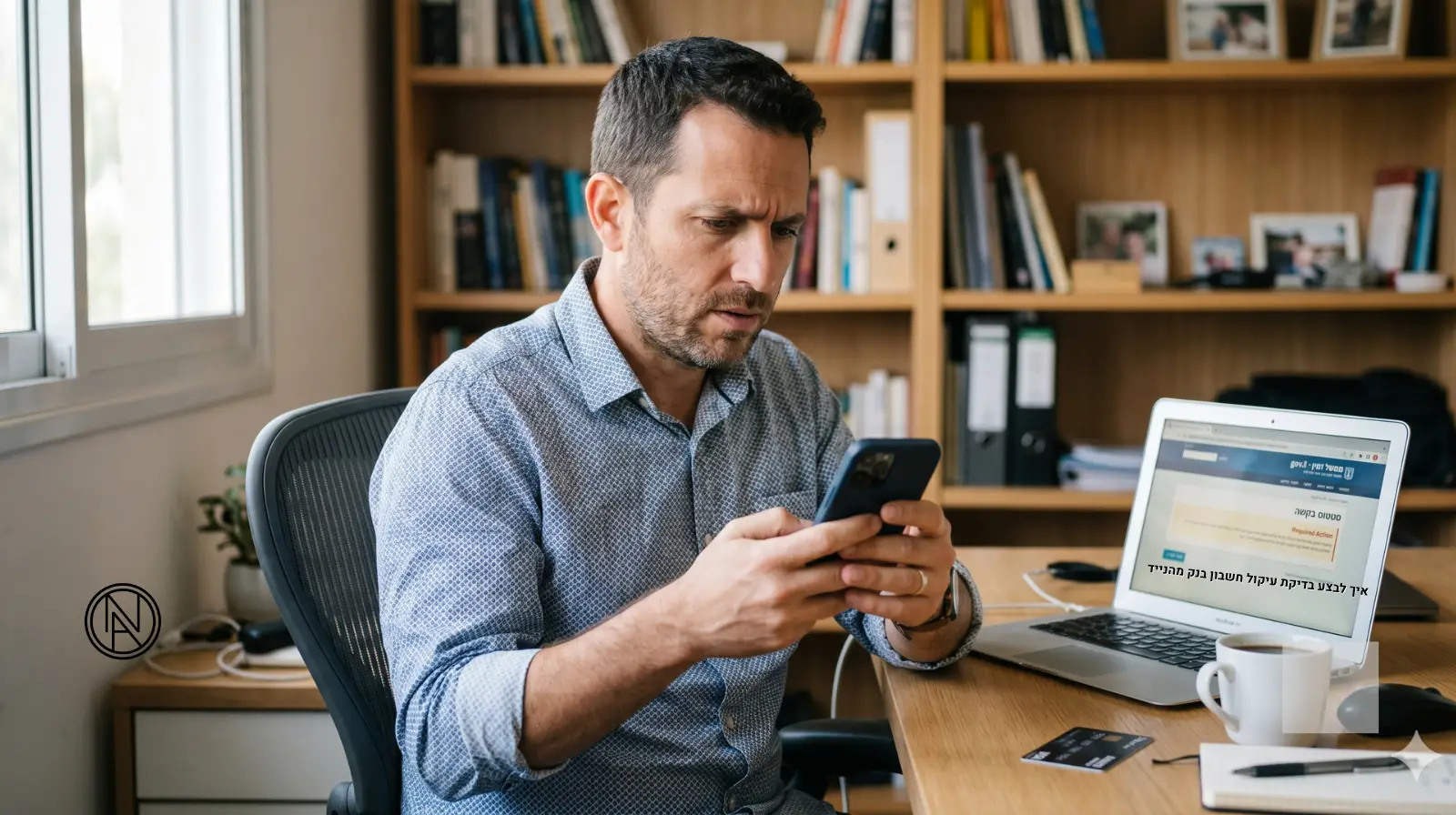 אדם ישראלי יושב מול מחשב בביתו ומבצע בדיקת עיקול חשבון בנק באופן דיסקרטי דרך הטלפון הנייד ואתר השירותים הממשלתיים.