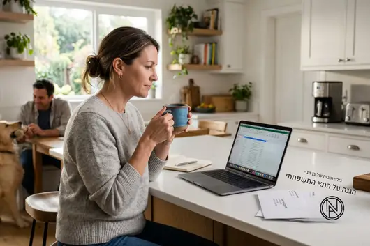 אישה נורמטיבית יושבת במטבח המודרני, מנתחת את מצב החובות של בן זוגה וחושבת על פתרון משפטי מניעתי. האווירה רגועה ואופטימית, המציגה את לקיחת האחריות על התא המשפחתי. ברקע בעלה משחק עם הכלב. צילום איכותי, טבעי ומציאותי.