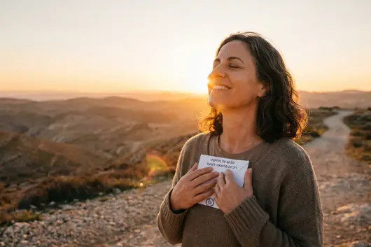 אישה עומדת באוויר הפתוח מול השקיעה, עוצמת עיניים ונושמת לרווחה. היא מחזיקה קרוב לליבה מעטפה לבנה עם פסק הדין שאישר את מחיקת הריביות בתיק שלה, ופניה משדרות תחושת שחרור עמוקה, אופטימיות ותחילתו של שיקום כלכלי.
