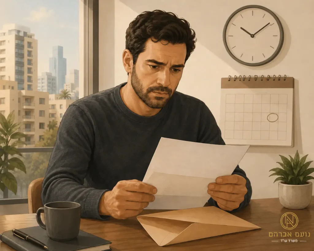 `אדם מקבל מכתב רשמי מהביטוח הלאומי ומחזיק אותו בידיו, על רקע לוח שנה ושעון`